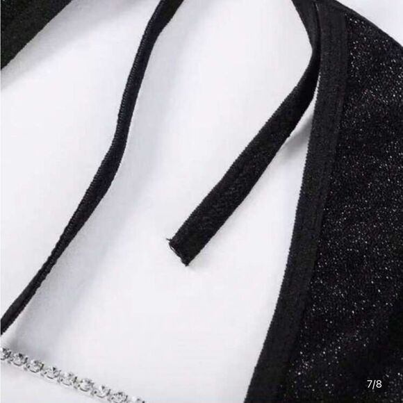 Black Sexy Club Halter Dress Deep Plunge Neck 8 10 - Picture 8 of 11